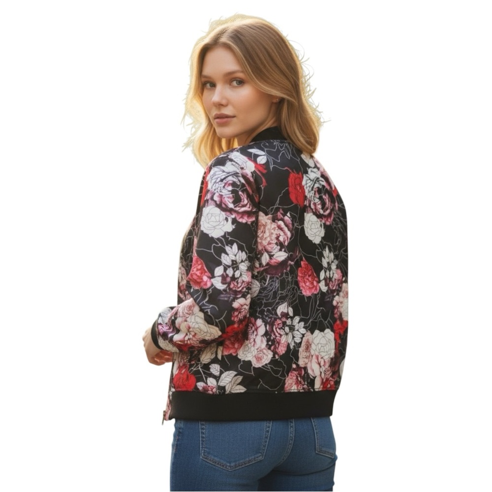 Bebe Sport Y2K Floral Zip Up Bomber Jacket Coat Black Red XL Vintage Streetwear - Picture 2 of 7